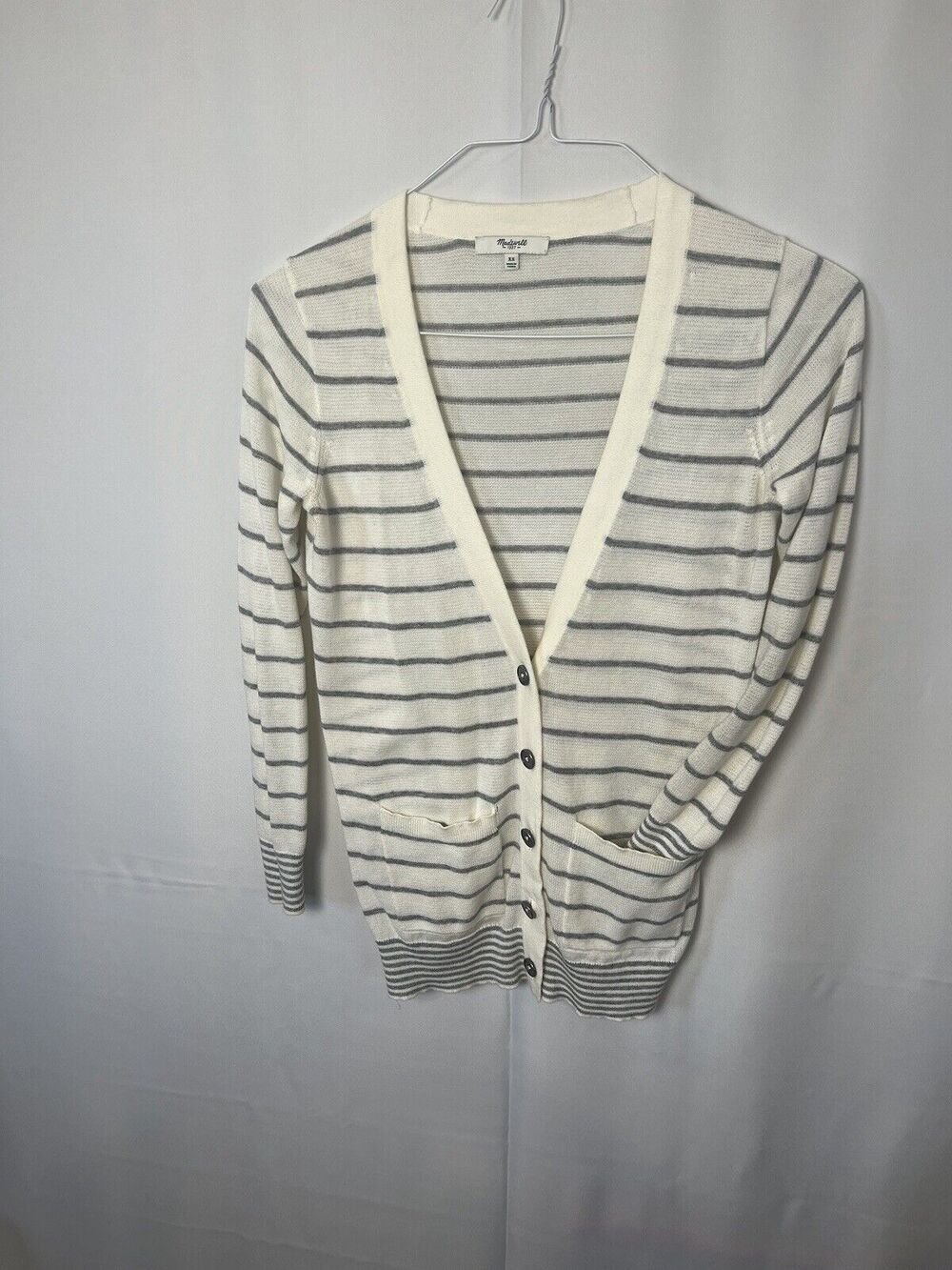 Madewell Gray White Striped V-neck Pocket Button Cardigan Sweater Women’s XS